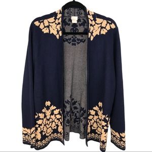 Chicos Open Long Cardigan Navy with tan floral